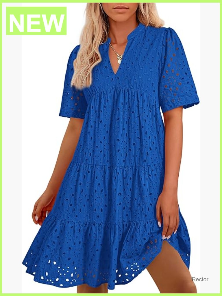 Boho V-Neck Mini Dress Lace Eyelet Ruffle Short Sleeve Flowy A-Line Casual Beach